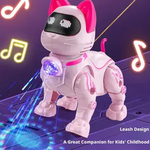 Electric Robot Cat Toy Walking Singing Interactive Pet Toy with Leash Pink Machine Toy Birthday Gift for Kids Boys Girls