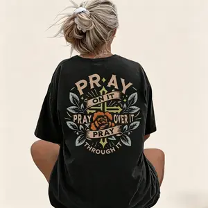 Aesthetic 'Pray On It' Floral Graphic T-Shirt | Premium 100% Cotton Heavyweight Loose Fit Tee | Vintage Christian Faith Gift for Her & Him | 2026 Summer Oversized Drop Shoulder Streetwear | Soft Breathable Casual Top  Printed Womenswear