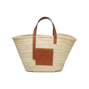 LOEWE Basket Series Hand-Woven Straw Tote with Anagram Embossed Patch and Palm Leaf Leather Accents for Women