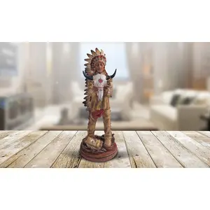 13"H Indian Chief Holding Ox Skull Head Statue Native American Decoration Figurine