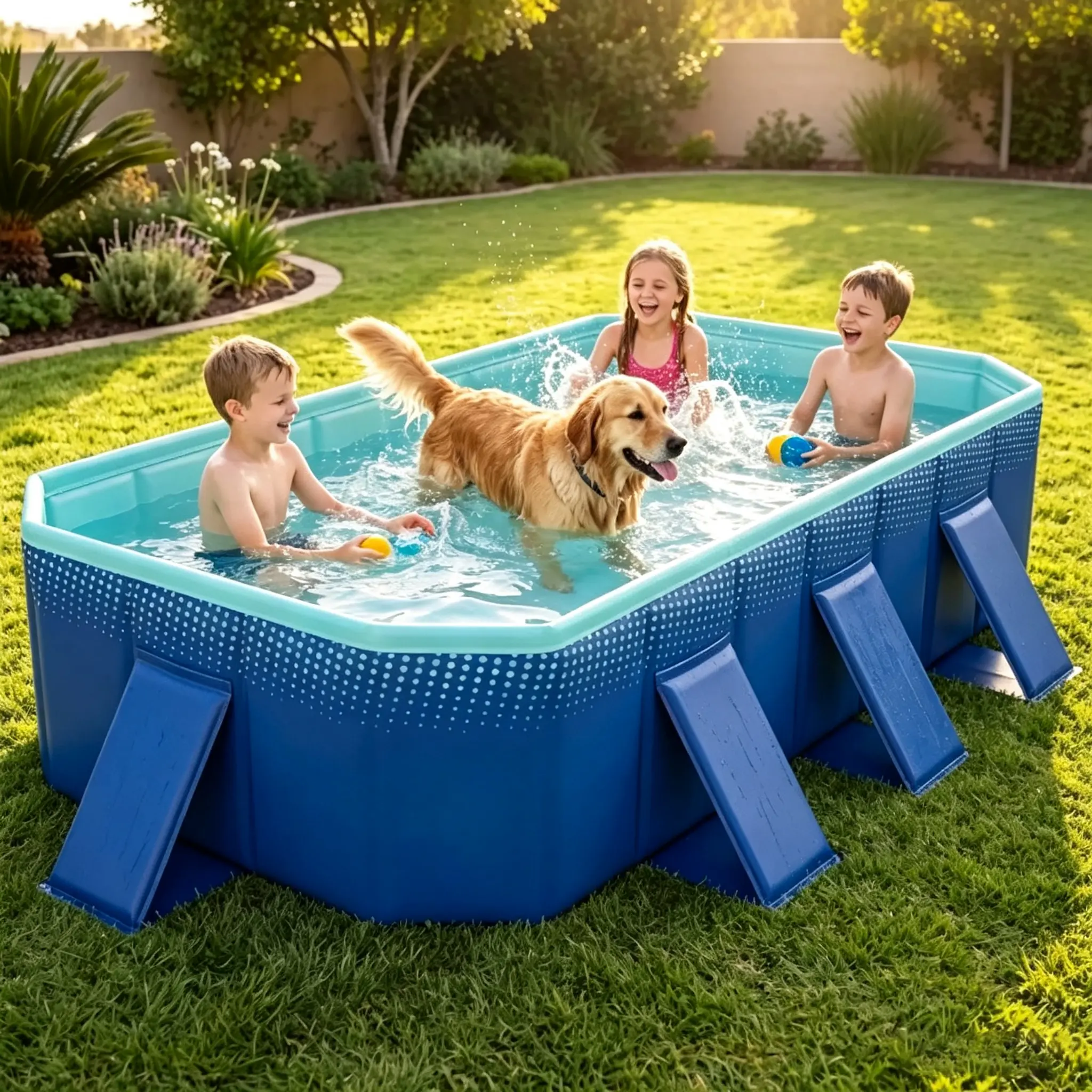 Foldable non-inflatable swimming pool, portable rectangular ground-contact pool with 24 hard shell panels and a drain hose, collapsible outdoor toddler pool for backyard garden fun