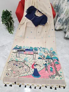 Heritage Muga Beige Jamdani Cotton Saree with Scenic Pallu & Navy Puff Blouse