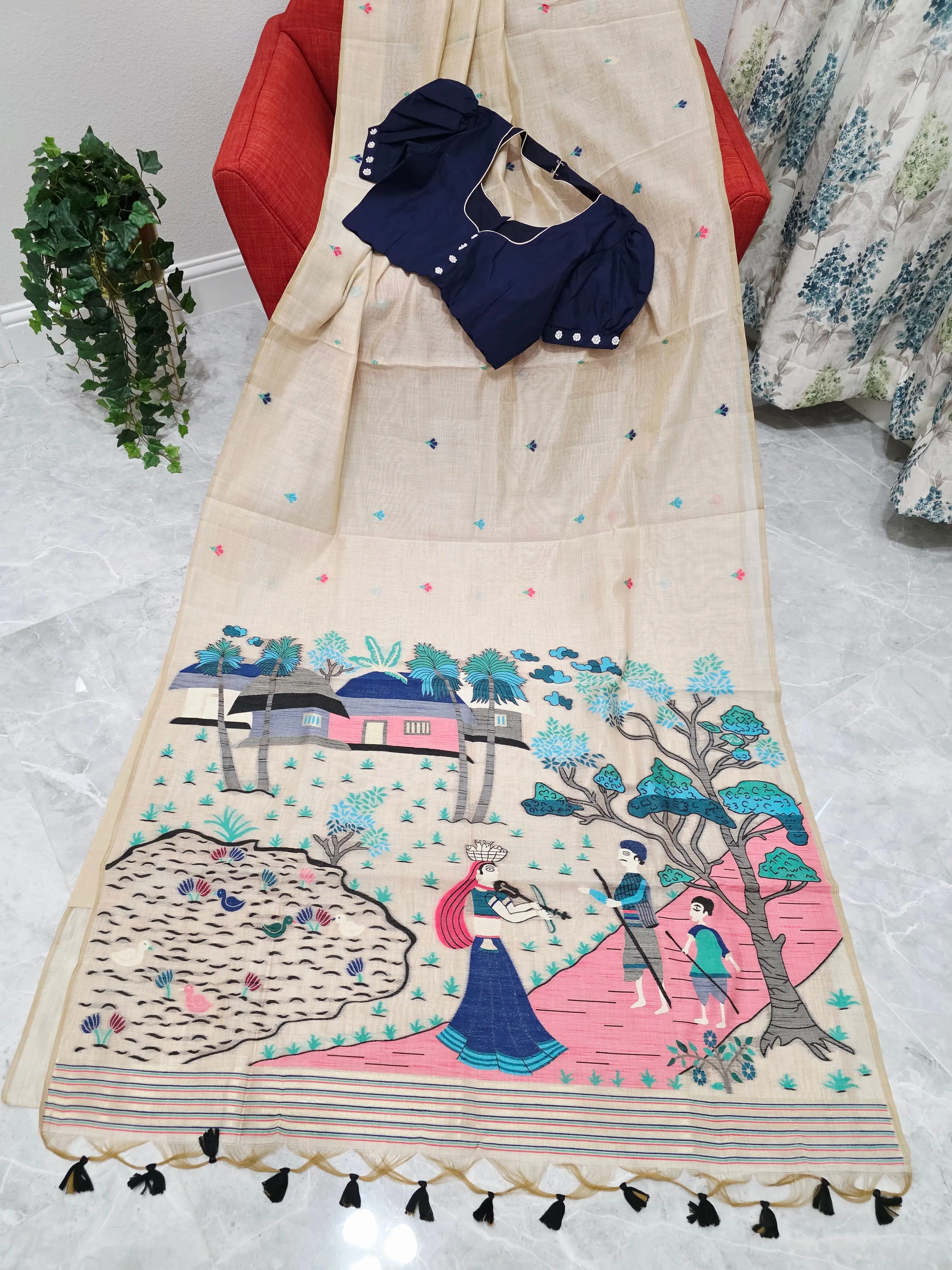 Heritage Muga Beige Jamdani Cotton Saree with Scenic Pallu & Navy Puff Blouse