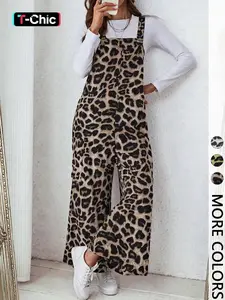 Women's Casual Leopard Print Loose Jumpsuit, Woven Fabric, Moderate Thickness, All Seasons Wear, Fitted Style, Pocket Design, Fashion Romper, One Piece, Versatile, Comfort, Outfit, Essential, Trendy, Chic