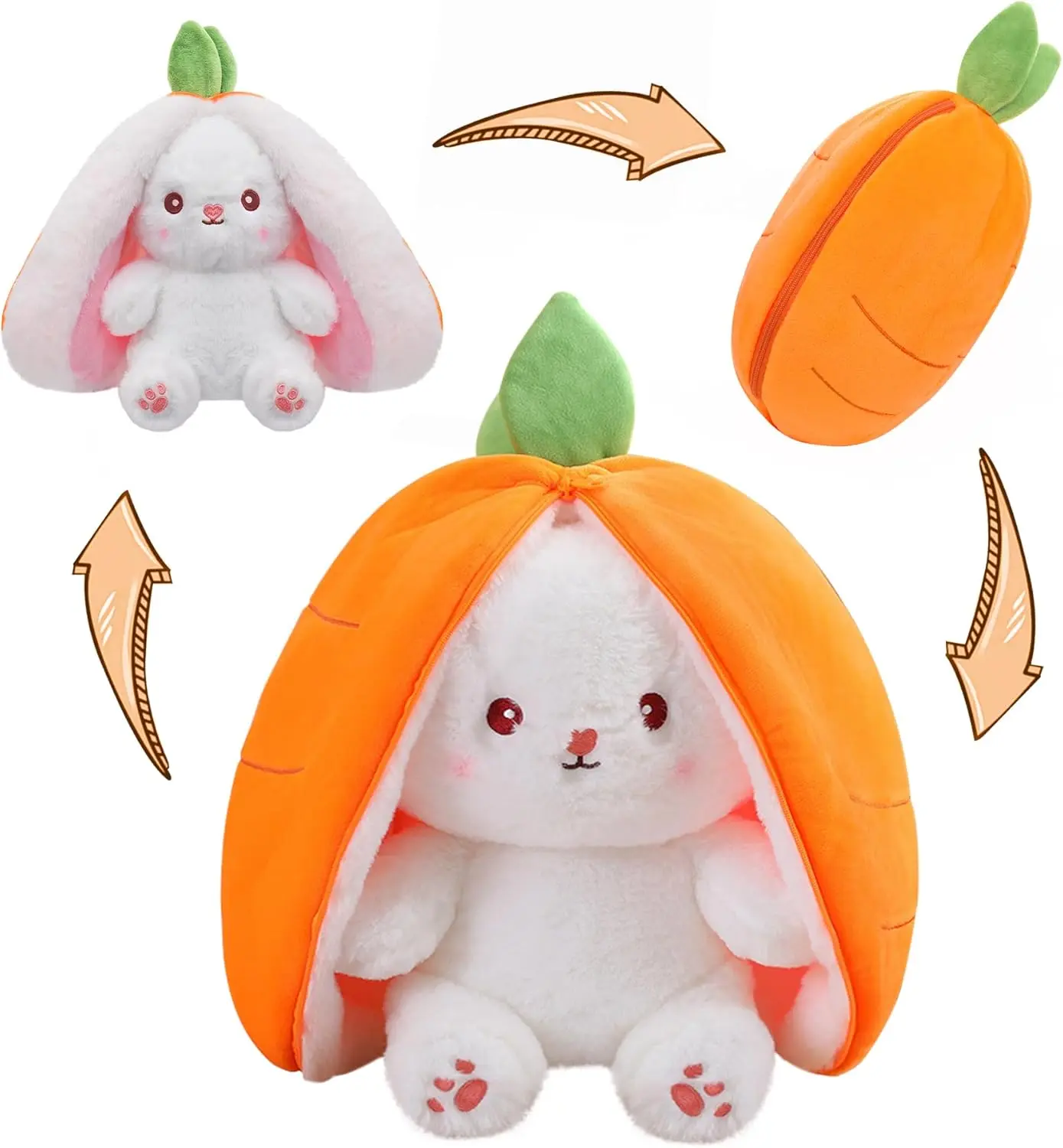 Reversible Carrot Bunny Stuffed Animal, Carrot Rabbit Ears Zip Plush Stuffed, Fruit Bunny Plush, Fluffy Rabbit Plushies Funny Hide Seek Bunny Toy for Girls Gifts Girlfriend