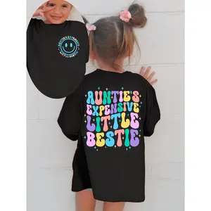 100% Cotton Girls' Summer T-Shirt - "Auntie's Expensive Little Bestie" Fun Print, Casual Short Sleeve Crew Neck Top for Youngsters, Playful Colorful Letter Design, Machine Washable, Youngsters Casual Wear |   Casual Crew Neck |   Cotton Knit Shirt, Girls