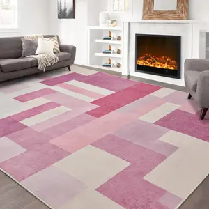 Non-Slip Reversible Pink Rug, Modern Geometric Patchwork Abstract Low-Pile Carpet | 5x8ft 8x10 ft for Living Room Bedroom Office Entryway,for  Bedroom Dining Room, Home Office, Kitchen,