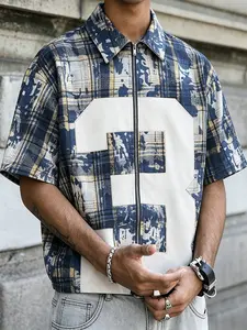 Men's American Streetwear Short Sleeve Shirt, Distressed Plaid Patchwork, Digital Print, Loose Fit, Casual Button-Down Top
