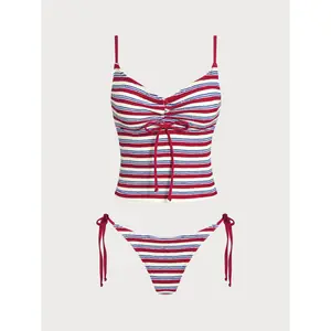 Red Striped Contrast Tankini Set 2026 New Style Sexy European-American Fashion Swimsuit Wholesale Bikini - Women's Separate-Bodice Bikini Swimsuit