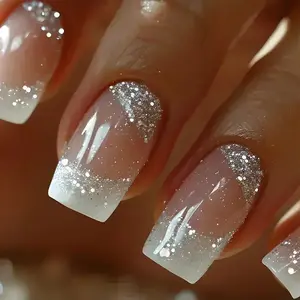 BEAUTY - 24Pcs Short Square Coffin False Nails Square Fake Nails with Glue French Glitter Wearable Acrylic Nails Set Press on Nail Tips