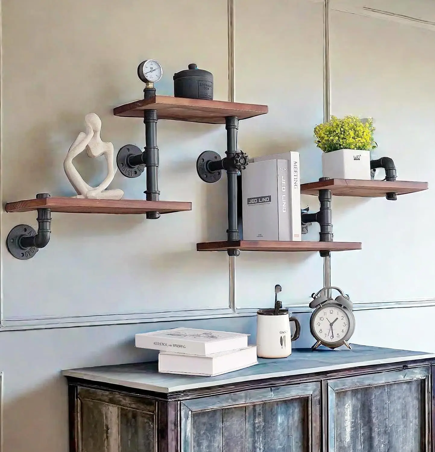 Home Room Decor 4-Tier Industrial Rustic Modern Solid Wood Pipe Wall-Mounted Floating Shelves - Heavy-Duty DIY Storage Shelving with Hung Brackets, Bookshelf for Kitchen, Office, 4-Tier Shelf