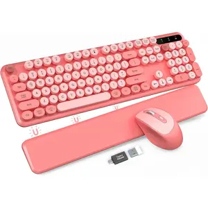 Wireless Keyboard and Mouse Combo - Cute Typewriter Keyboard with Detachable Wrist Rest, Retro Round Keycaps, Foldable Legs, 2.4GHz Full-Size Keyboard for PC, Laptop, Windows - Trueque (Colorful-Pink)