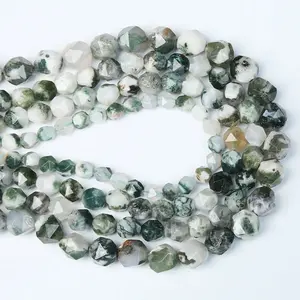 Natural  Tree Agate Moss Agate  Gemstone Faceted Round Loose Beads Star Cutting Beads For DIY Jewelry Making Desig Handmade Crafts Bracelet, Necklace, Earrings AAA Quality 15.5 Inches Long, Semi Precious Stone, Spacer beads