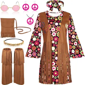 8 count 70s Women Hippie Costume Peace Sign Earring Necklace Headband Dress  Sleeves Tassel Bag for Halloween Disco