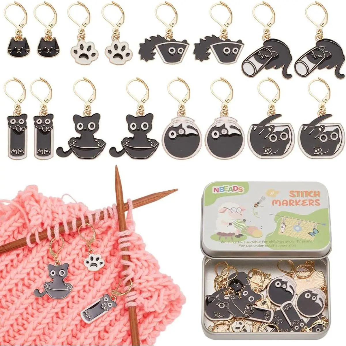 16 Pcs Black Cat Stitch Markers, Alloy Enamel Crochet Stitch Markers with Removable 304 Stainless Steel Leverback Clasp