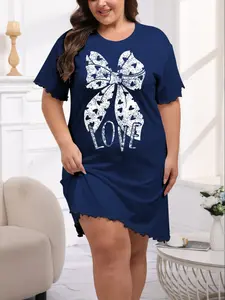 Women's Plus Size Summer Sleepwear, Comfortable Elastic Pajamas, Love Bowknot, Lettuce Hem, Round Neck Short Sleeve, Casual Style, Nighty Dress