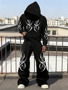 Men's Two-Piece Casual Fashion Set with Graphic Symmetrical Thorn Pattern Long Sleeve Hoodie and Drawstring Wide Leg Pants, Loose-Fitting Sweatshirt for Spring & Fall, Stylish Streetwear for Daily Wear