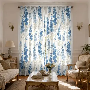 2 panels Watercolor Blue Floral Print Light Filtering Curtains, Polyester Rings Top Drapes for Kitchen Living Room Bedroom Bathroom, Home Decoration Curtain, Window Curtain