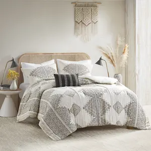 Madison Park MP10-8338 104 x 92 x 1.5 in. Ibiza Printed Comforter Set with Throw Pillow, Black & Ivory - King & California King Size - 4 Piece, Comforter Set King