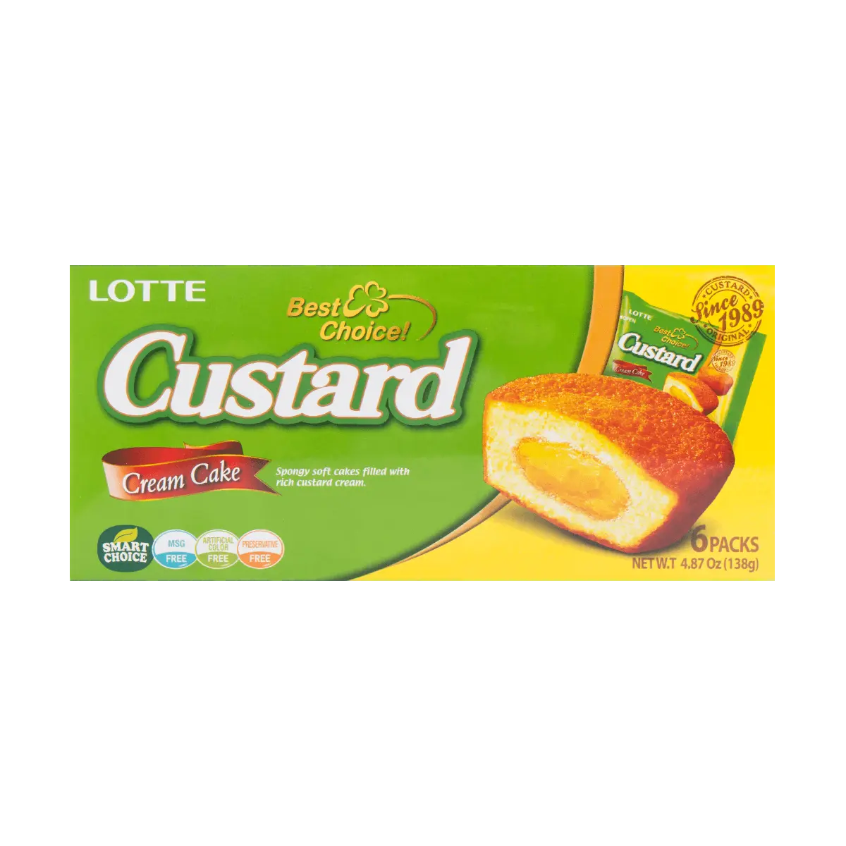 LOTTE Korean Custard Cream Cakes - 6 Pack Soft Sponge Dessert (138g)