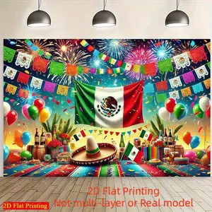 2D Flat Banner Mexican Fiesta Party Banner, Vibrant Mexican Flag, Fireworks & Sombrero Design, Durable Polyester Photography Backdrop for Indoor/Outdoor Wall & Garden Decor