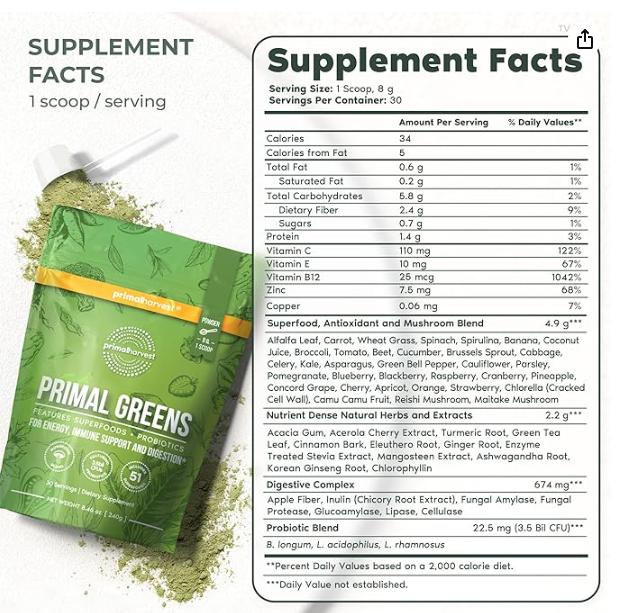 Primal Harvest Super Greens Powder, 30 Servings w/+50 Greens Superfood Chlorella, Probiotics, Green Tea, Wheatgrass, Kale, Turmeric for Energy,Primal Greens