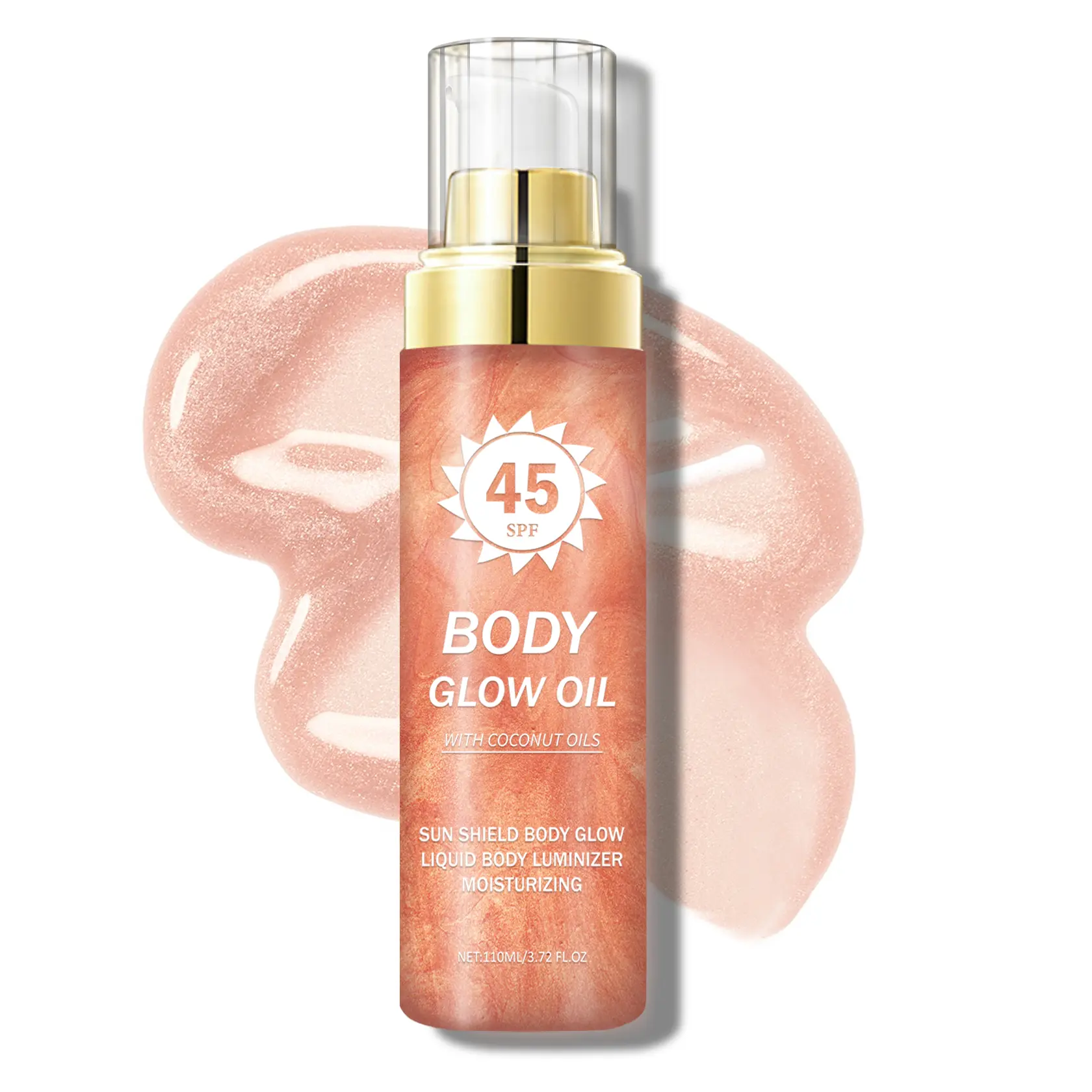 SPF 45 Body Glow Oil with Gold Mica Shimmer Body Glow Oil，lightweight, breathable, and non-greasy. Coconut oil moisturizes and brightens the whole body. Waterproof, sweat-resistant, long-lasting full-body highlighter protection.