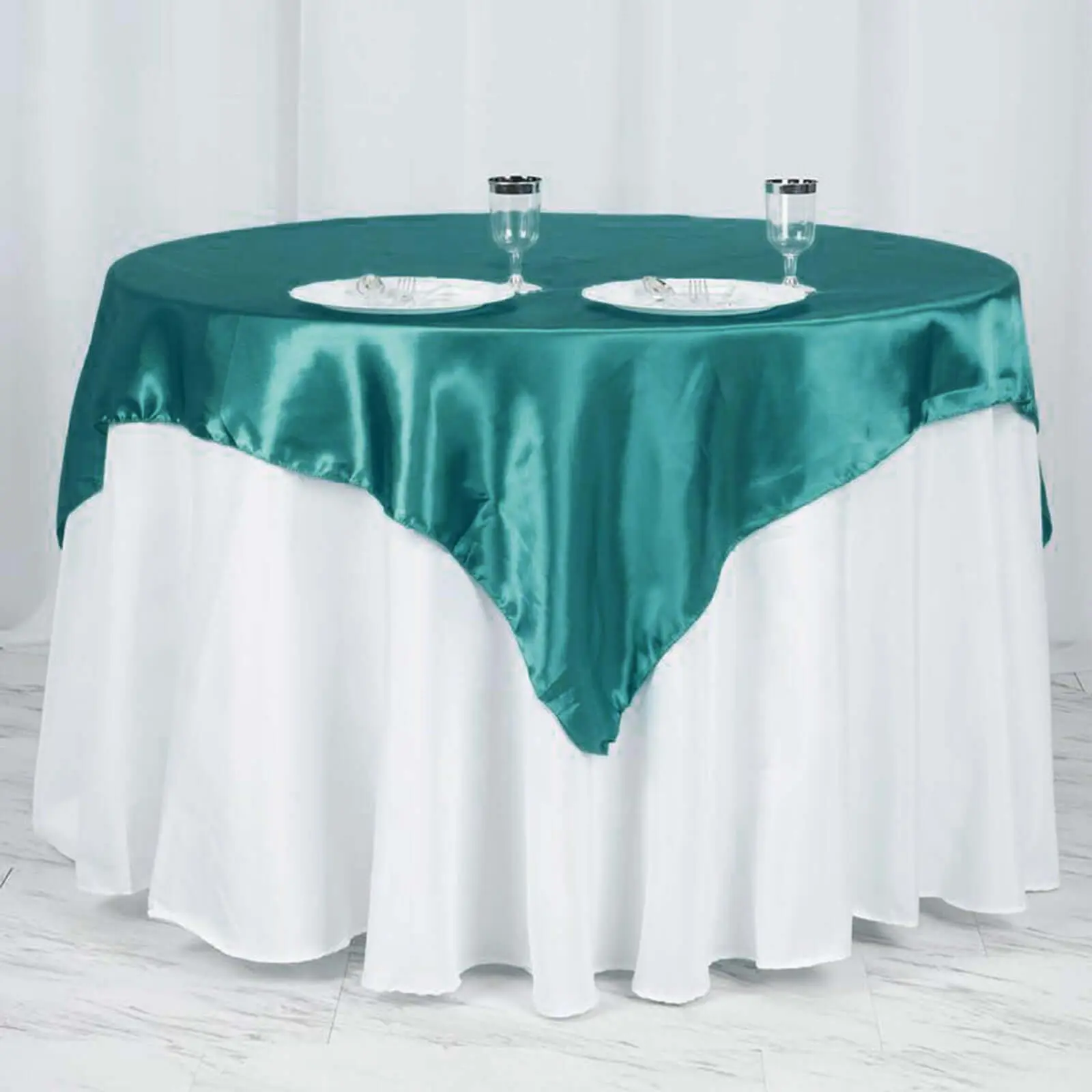 60"x60" Turquoise Satin Square Table Overlay - Luxurious Household Textile Table Topper for Weddings, Event Decoration