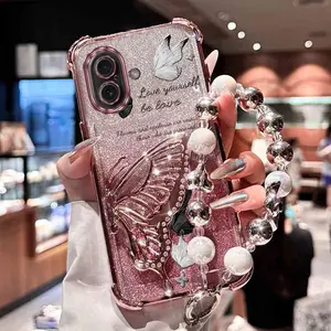 Fashion Strap Lanyard 16 Plus Impact Resistant Protective PC Phone Holder Case Casing Compatible With for iPhone 16 Plus Elegant Butterfly Glitter Case Cover for Girls