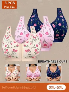 Women's Sexy Bralette Set, Rose Print Plus Size Underwear, Front Buckle Design, Medium Support, Adjustable Straps, All Seasons