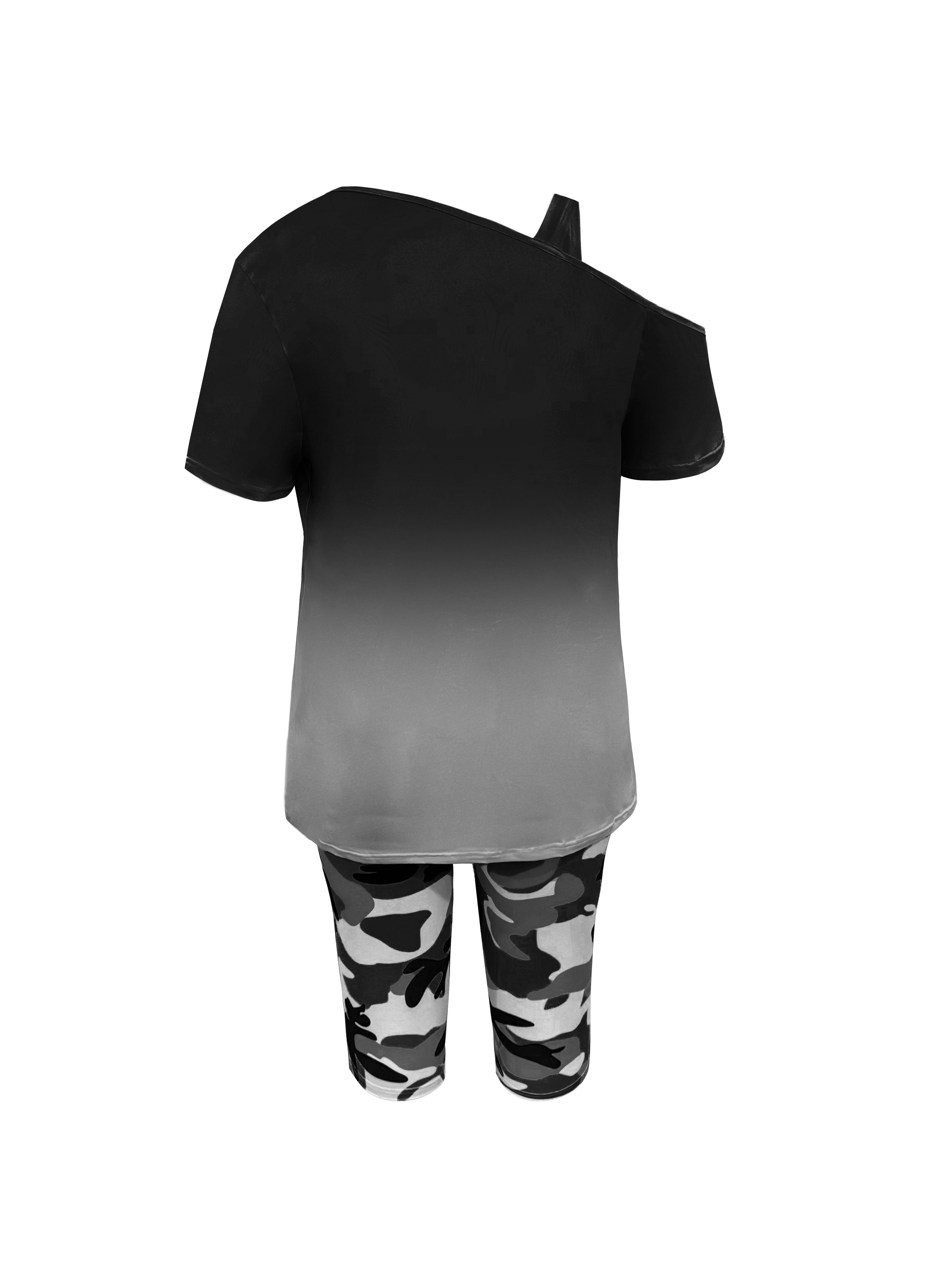 Women's 2-Piece Casual Chic Cowl Neck Shortsleeve Outfits - "Queen" Lettering Camisole, Camouflage Shorts, Casual Vacation Wear, Casual Chic Set