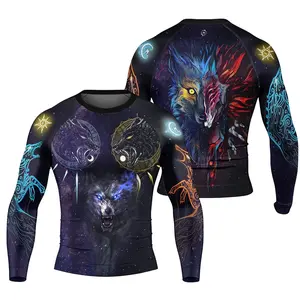 BattleFitGear Sun and Moon Wolf Entities | Men's Long Sleeve Rash Guard | BJJ & Fitness Rash Guard | Baselayer Compression Shirt for Jiu Jitsu & MMA