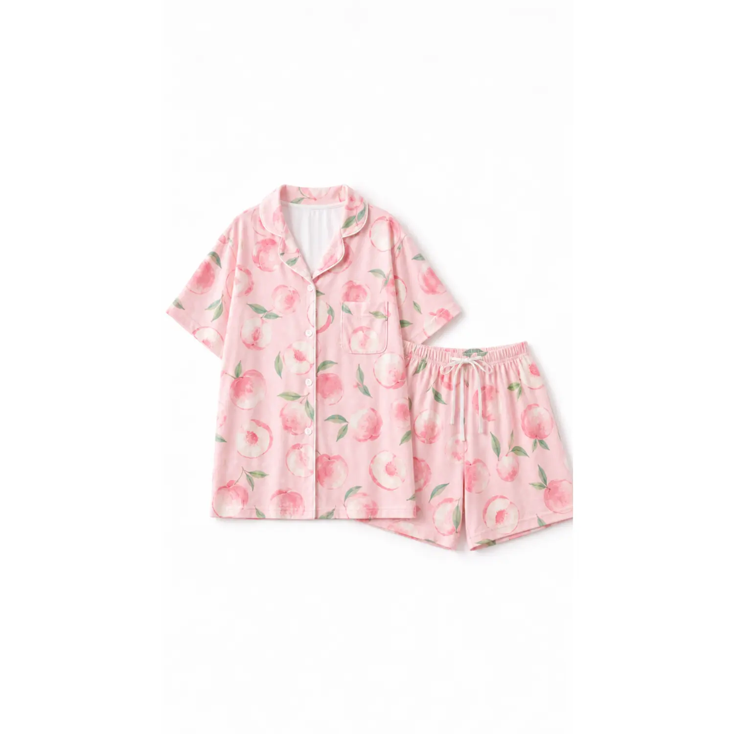 Pink Peach Print Pajama Set, Short Sleeve Button Front Sleepwear Shirt with Chest Pocket and Drawstring Shorts for Comfortable Nighttime Lounging