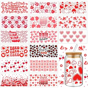 Resurhang 15 Sheets UV Dtf Cup Wrap Transfer Stickers Teacher Appreciation Cup Transfer Decals for 16 oz Glass Water Bottle 9.8 x 4.7 Inch Waterproof Mug Stickers Craft DIY(Red Valentine's Day)