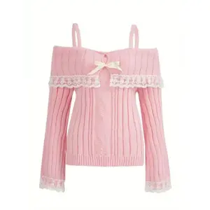 Women's Cold Shoulder Sweater with Contrast Lace Sleeves & Bow Front - Lightweight 100% Polyester Knit Pullover, All-Season Casual Chic Long Sleeve, Allseason |   Detail Smooth Texture Fabric