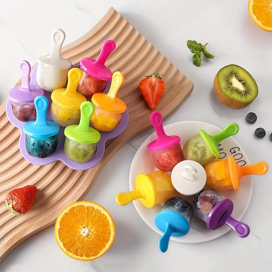 Mini Silicone Ice Cream Mold Set, Popsicles Molds, Creative Kids DIY Homemade Ice Lolly Maker, 7-Hole Ice Cube Tray, Home Use Kitchen Gadgets Ice Cream Stick Mold Kit, Silicone Popsicle Molds