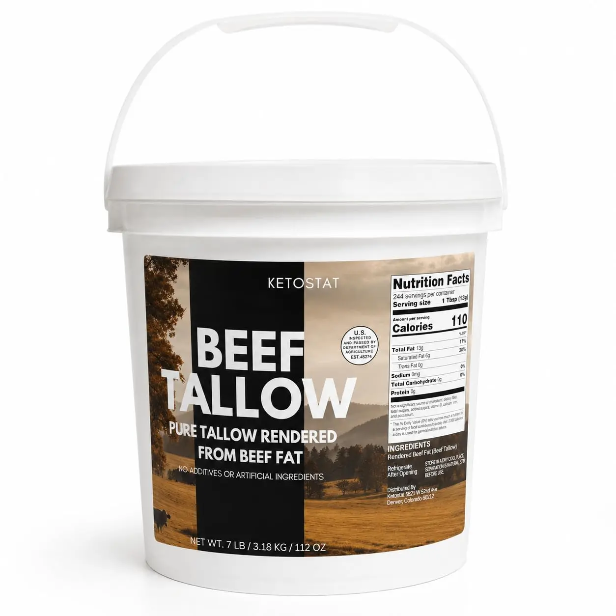 KETOSTAT Pure American Beef Tallow - 7 lb Solid Bucket, No Additives, Keto-Friendly, Made in USA,100% Natural beef tallow for cooking or skincare,Beef tallow for cooking