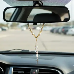 Beaded Rearview Mirror Hanging Charm with Cross & Steering Wheel Pendant – Christian Car Ornament, Adjustable Handmade Suncatcher Decor