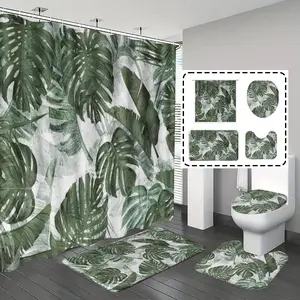 [Popular Choice]1pc/4pcs, bathroom curtains shower, bathroom set, shower curtains, bathroom rug, home decoration, bath mat, tortoise shell bamboo pattern, tropical plant theme decoration, bathroom set, with 12 hooks.