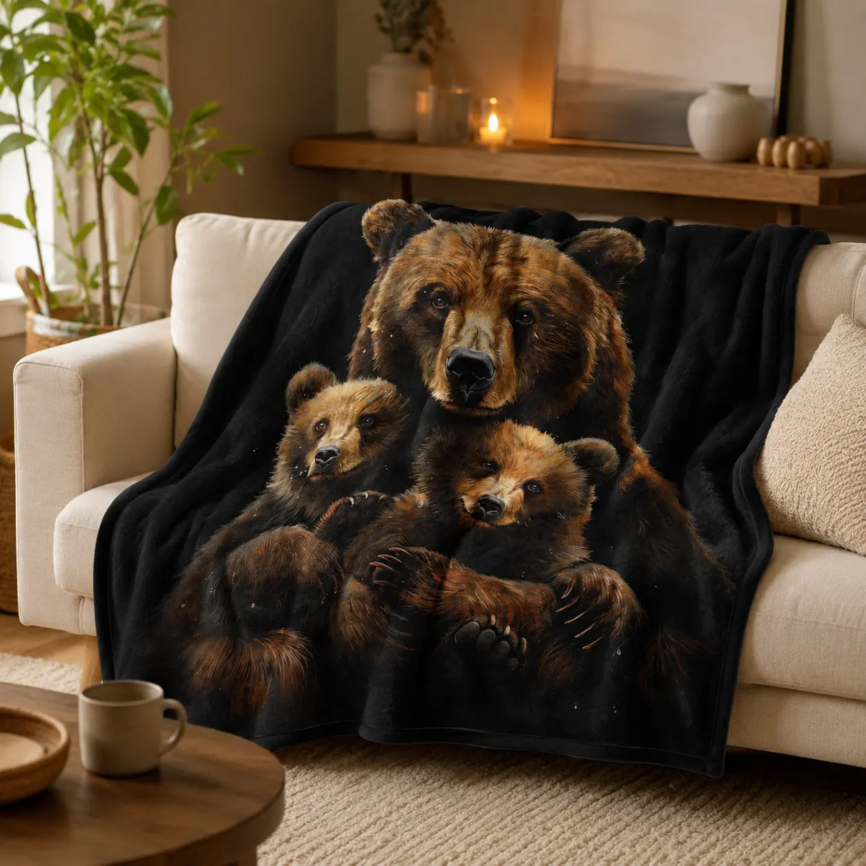 Realistic Brown Bear Family Soft Cozy Flannel Blanket, Mama Bear with Cubs Wildlife Warm Fuzzy Plush Throw, Perfect Gift for Bear Animal Lovers Rustic Cabin Style Bedroom Sofa Home Decor