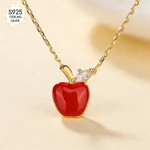 Sanmu S925  silver Necklace (Women's Style) Apple-Shaped/Red Epoxy Necklace | Handcrafted Epoxy Resin Design Pendant with 18“ + 2” Chain Mother/Wife Jewelry  Valentine's Day & Christmas Gift