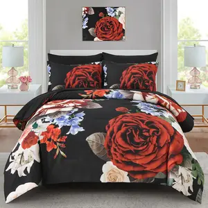Red Floral Comforter Set , 7 count Bed in a Bag Botanical Floral Comforter Soft Microfiber Dark Red Bedding Set  Size Bed with Sheet and Pillowcase (Black,  Size)