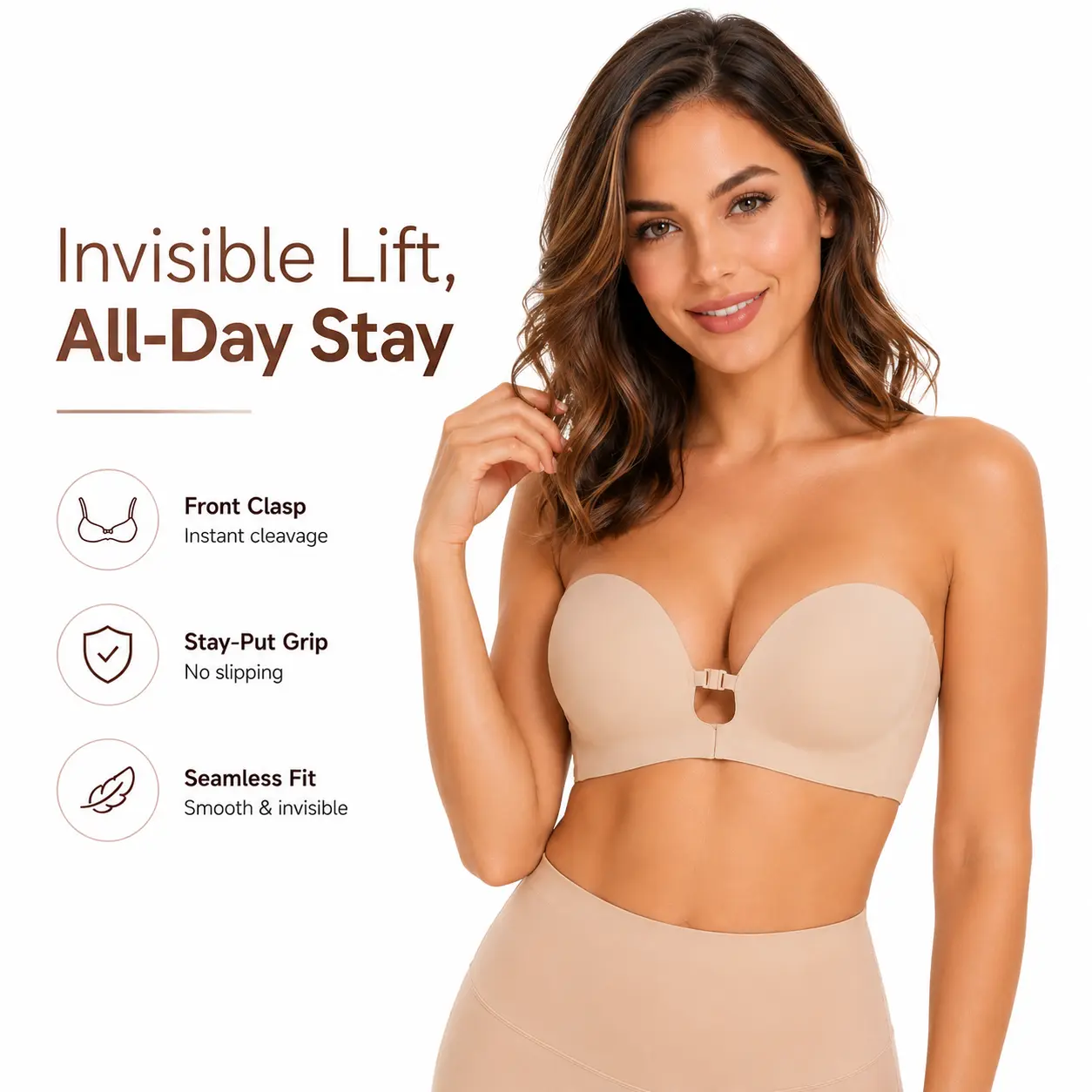 Womens Strapless Front Closure Bra Push Up Lift Bra Padded Add Cup Non Slip Anti-Slip Grip & Removable Straps Fit Outfits Wireless Supportive Seamless Comfortable