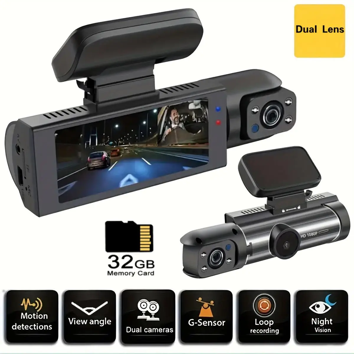 3.16'' Screen Car Interior Dashcam with 32G Card, 1080p HD Car Dash Cam, Front & Inside Dual Recording Car DVR with IR Night Vision, Loop Recording, V