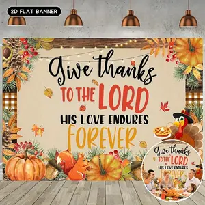 Thanksgiving Banner 2D Flat with Elegant Cursive Lettering Christian Faith Design Autumn Harvest Decorations Pumpkins Leaves Turkey Corn Warm Orange Brown Red Yellow Green Colors