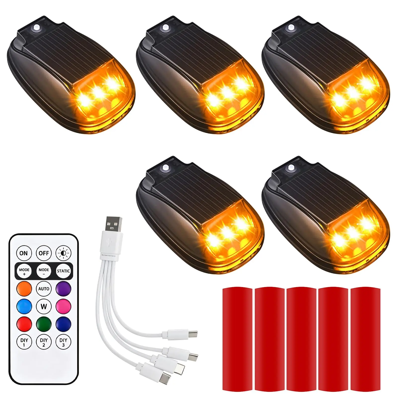 Solar Cab Decorative Neon RGB Strobe Lights for Car - No Drill Roof LED Marker Lights with Vibration Sensor | Solar Powered Waterproof Clearance Lights for Semi Truck, Pickup SUV Jeeps Rvs,5Pcs Wireless CabSignal Marker Lamp