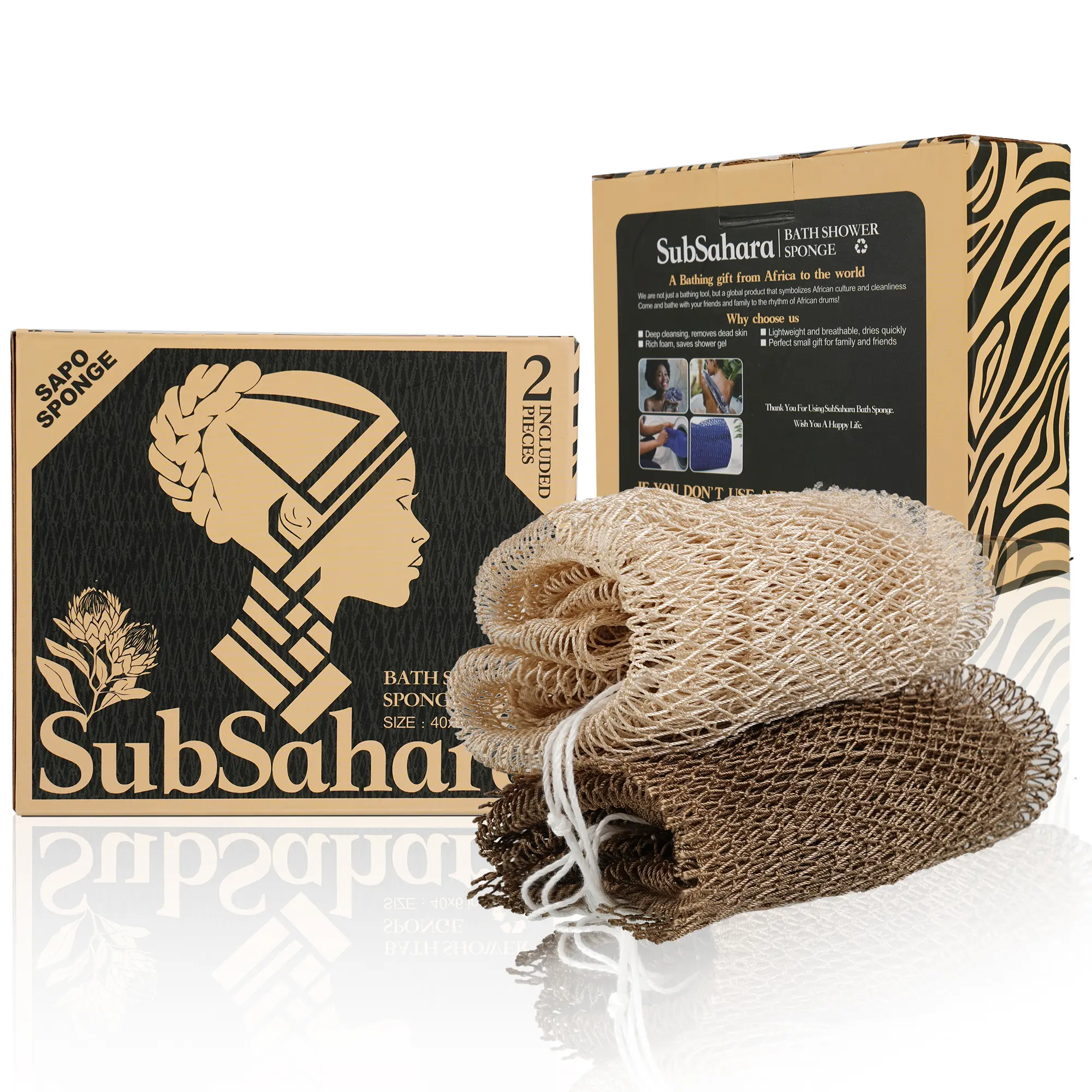 SubSahara Authentic African Net Sponge - 2 Pieces Exfoliating Scrubber for All Skin Types, Bath Sponge for Face & Body, Travel Portable, Durable, Gentle Exfoliation（Linen & Brown） Personal silicone loofah silicone loofah african net sponges shower towel o