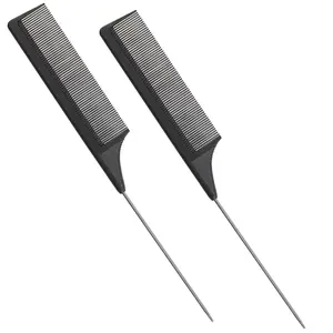 Carbon Fiber Rat Tail Combs - High Quality Carbon Fiber, Stainless Steel Pintail, Heat Resistant, Hair Comb Set for Braiding, Parting, and Styling, 9 Inches Long - Black