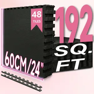 48 Tiles 192 SQFT Multipurpose EVA Foam Floor Tiles 24x24 Puzzle Exercise Mat 0.4 Thick Interlocking Non Slip Waterproof Easy Clean Black Tiles for Home Gym Training Yoga Pilates Heavy Workout Equipment Flooring