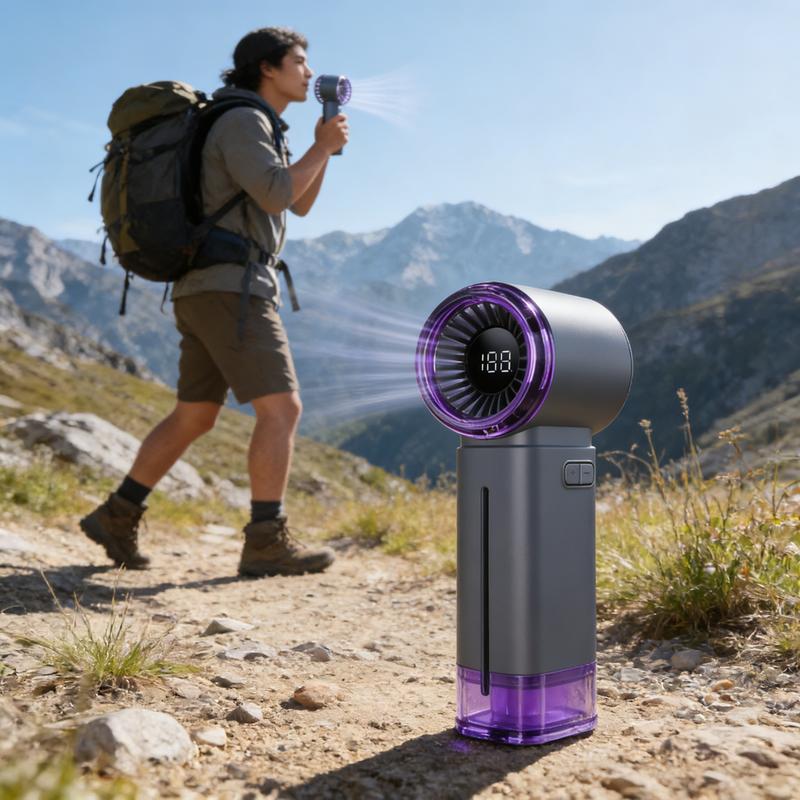 15000RPM High-Speed Spray Cooling Fan, 199-Speed Handheld Portable Fan & Mini Desktop Humidifier, Smart Digital Display, 4000mAh Rechargeable Battery, for Travel/Outdoor/Home/Office, Gray
